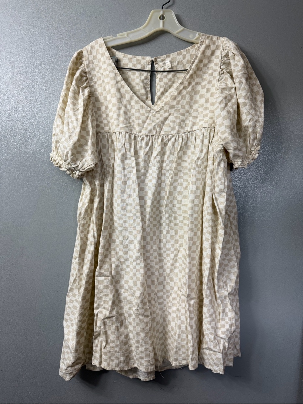 Rylee + Cru checkered babydoll puff sleeves linen-blend mini dress medium